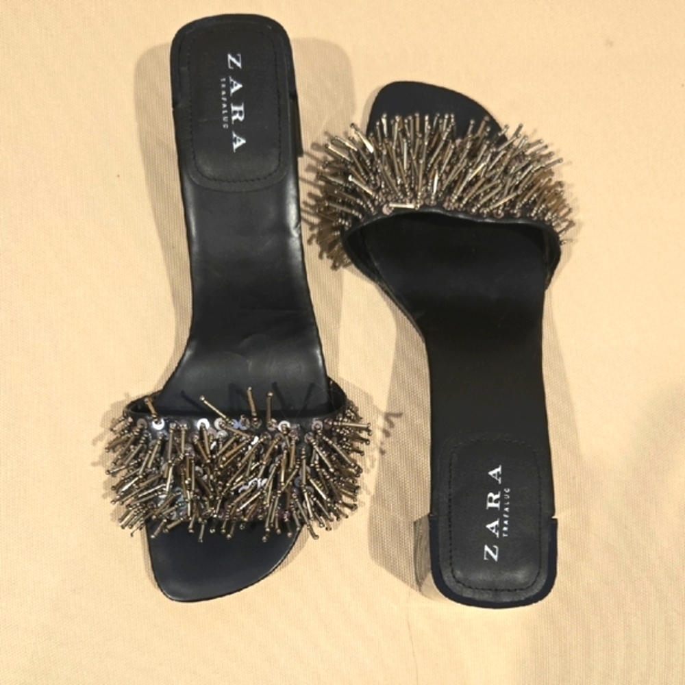 Zara Silver Beaded Slide Sandals NWT
